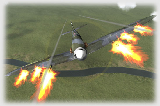 Its two 20mm Hispano cannon and four .303 machine guns spat tracer at the frantically evading Bf-109. 