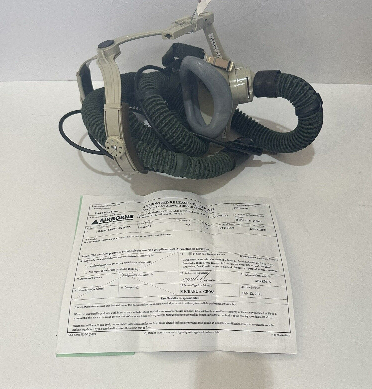 PURITAN BENNETT CREW OXYGEN MASK P/N 114423-21 REPAIRED WITH FAA 8130-3 FROM