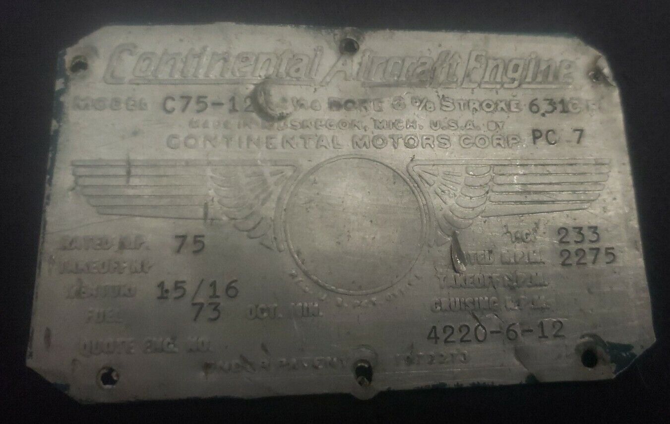 Vintage Original Continental Aircraft  Engine Data Plate #6