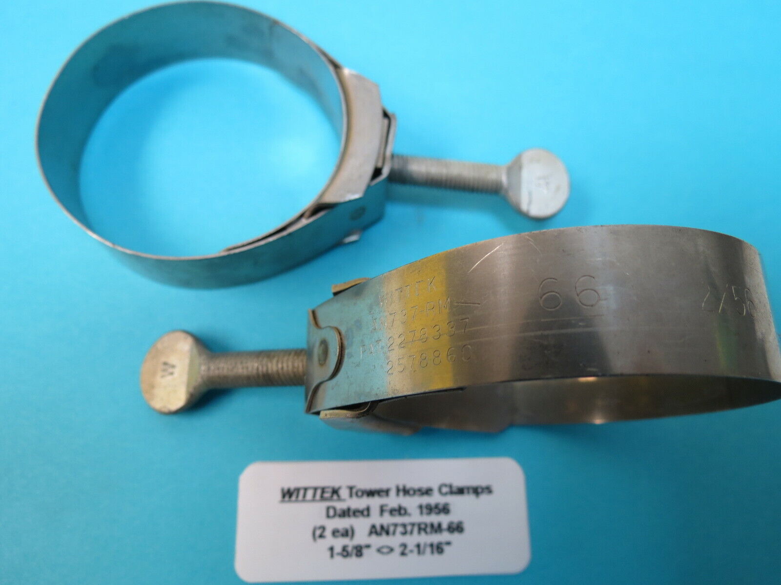 1956 Wittek #66 Vintage Tower Hose Clamps Dated 2/56 Dia. 1-5/8”>2-1/16” New (2)