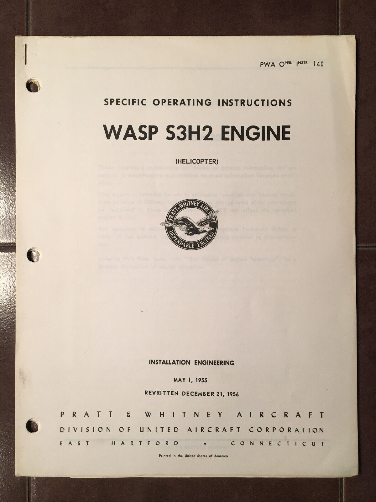 1955-1956 Pratt & Whitney Wasp S3H2 Engine Specific Operation Instructions 