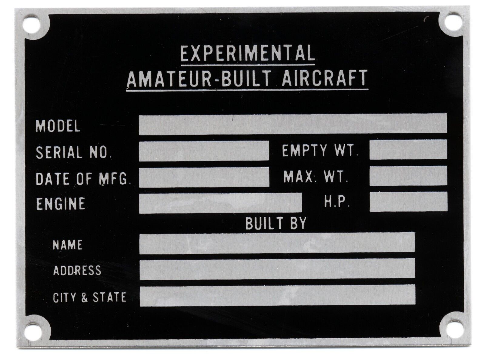 Data Plate- Experimental, Amateur-Built Aircraft, Home Built Airplane  DPL-0116