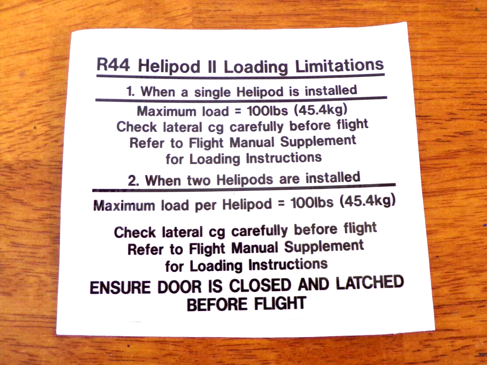 Robinson R44 Helipod ii Loading Limitations Decal