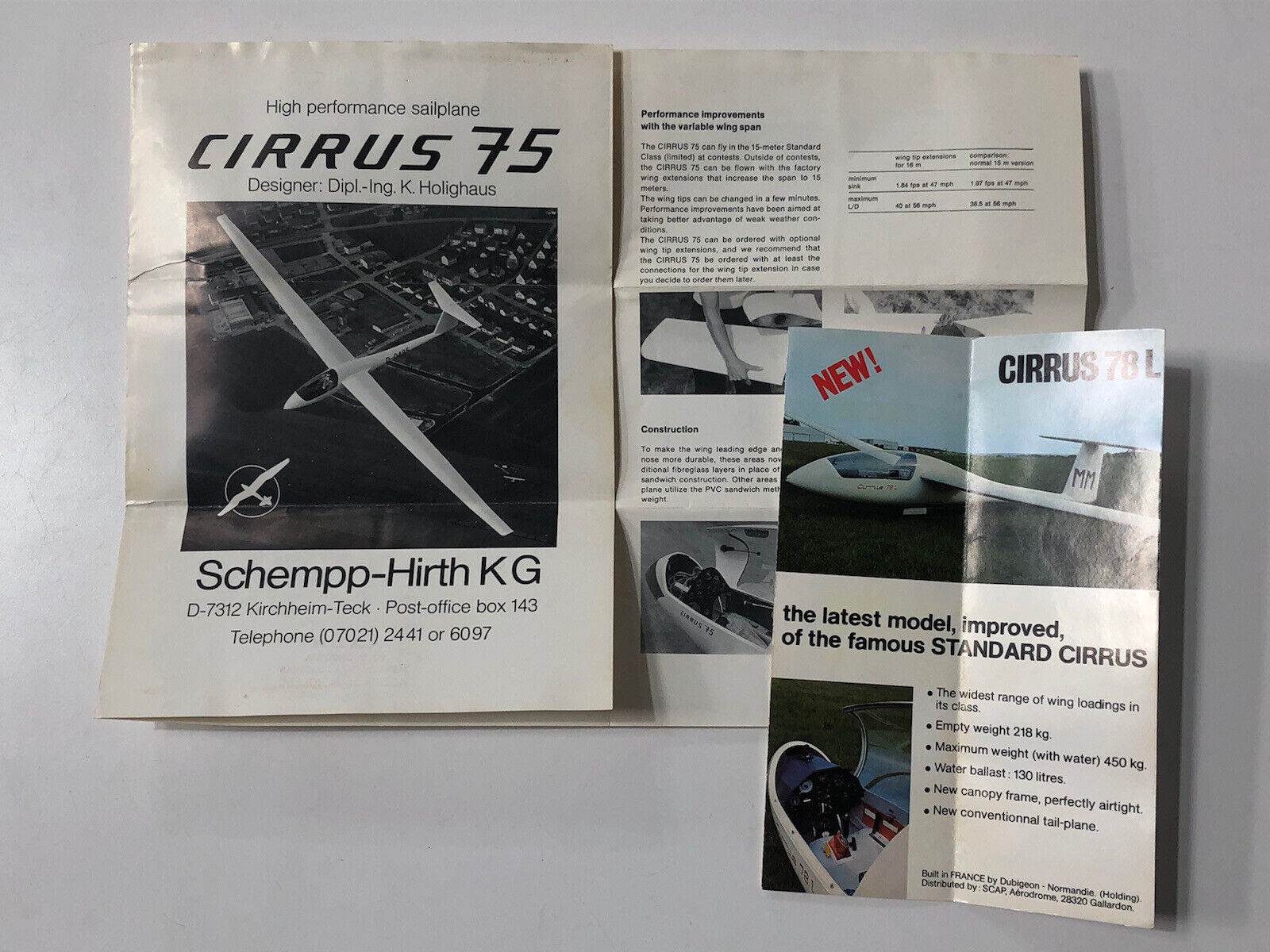 Vintage Cirrus 75, 78 Sales Brochures w/ Spec Sheets, w/ German & French