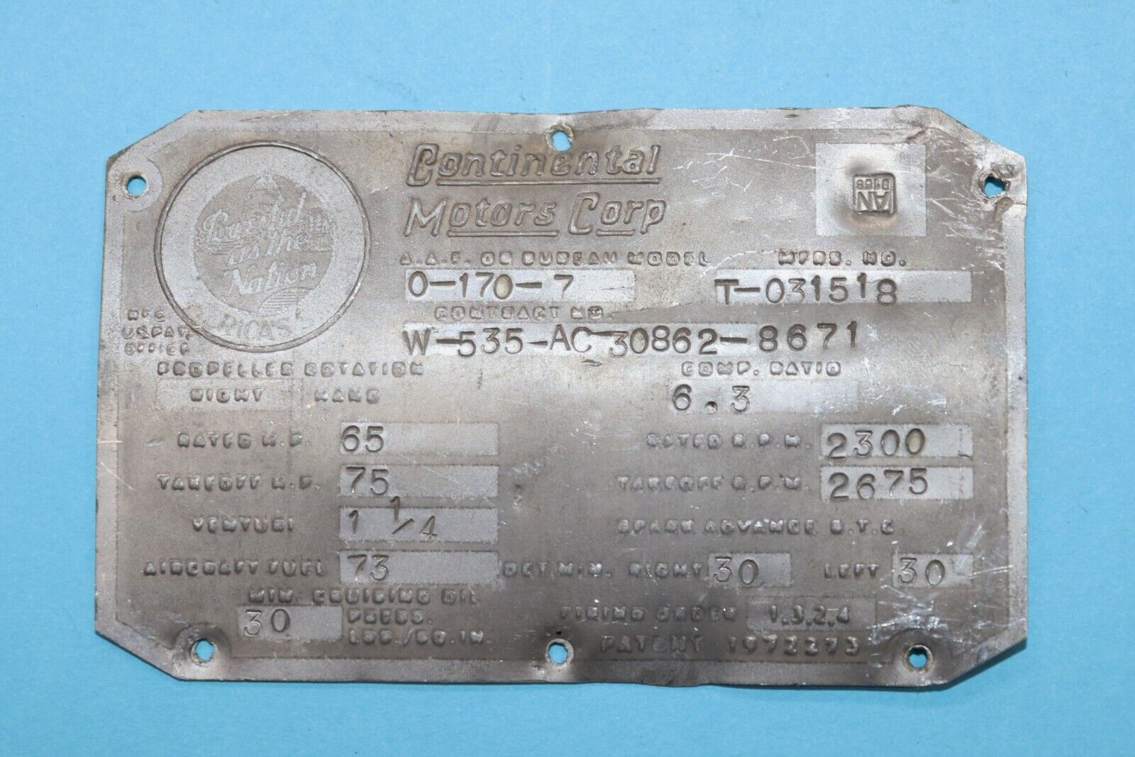  Original Continental O-170-7, 65/75 HP Engine Data Plate
