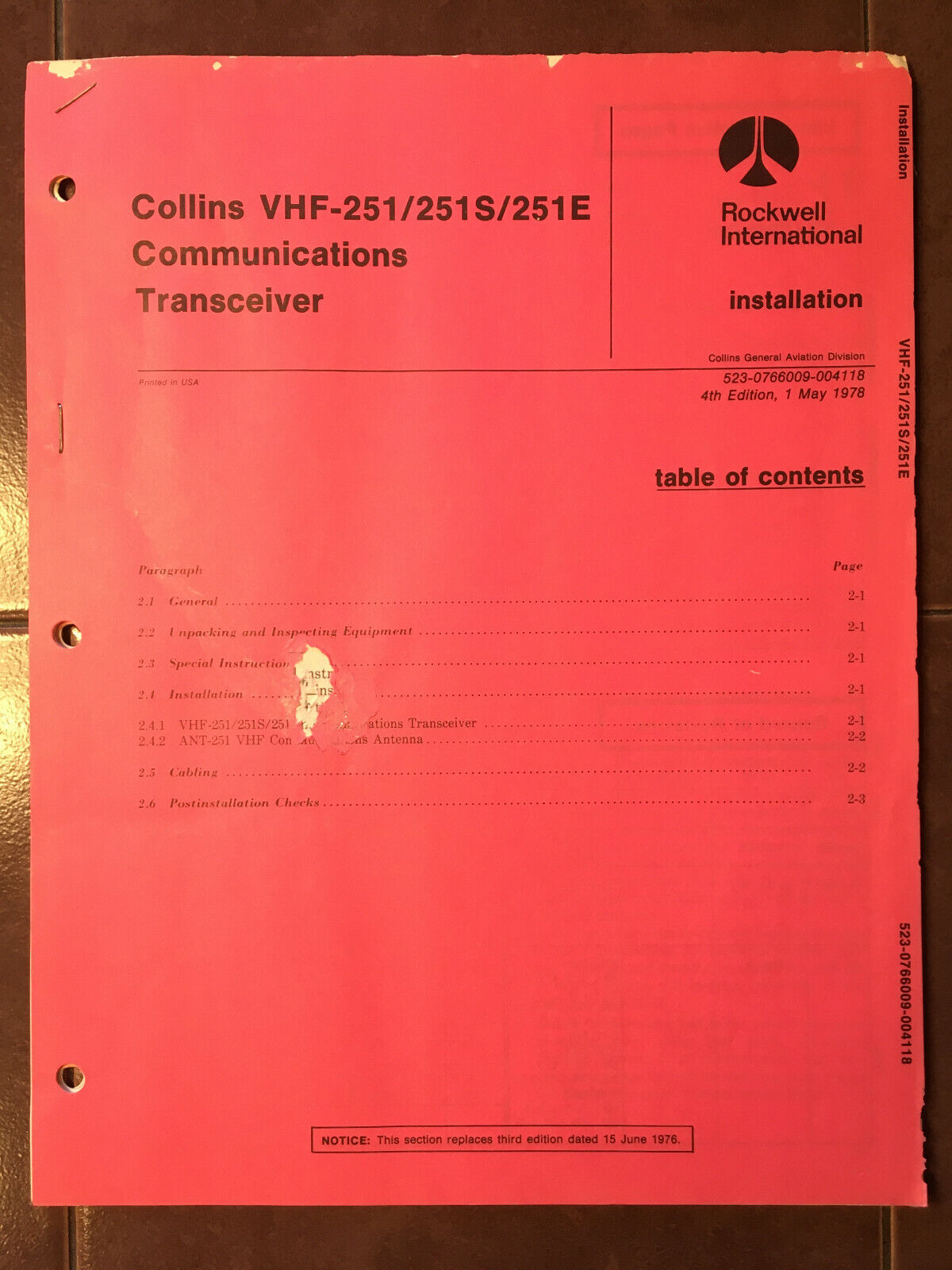 Rockwell Collins VHF-251, 251S & 251E Com Install manual