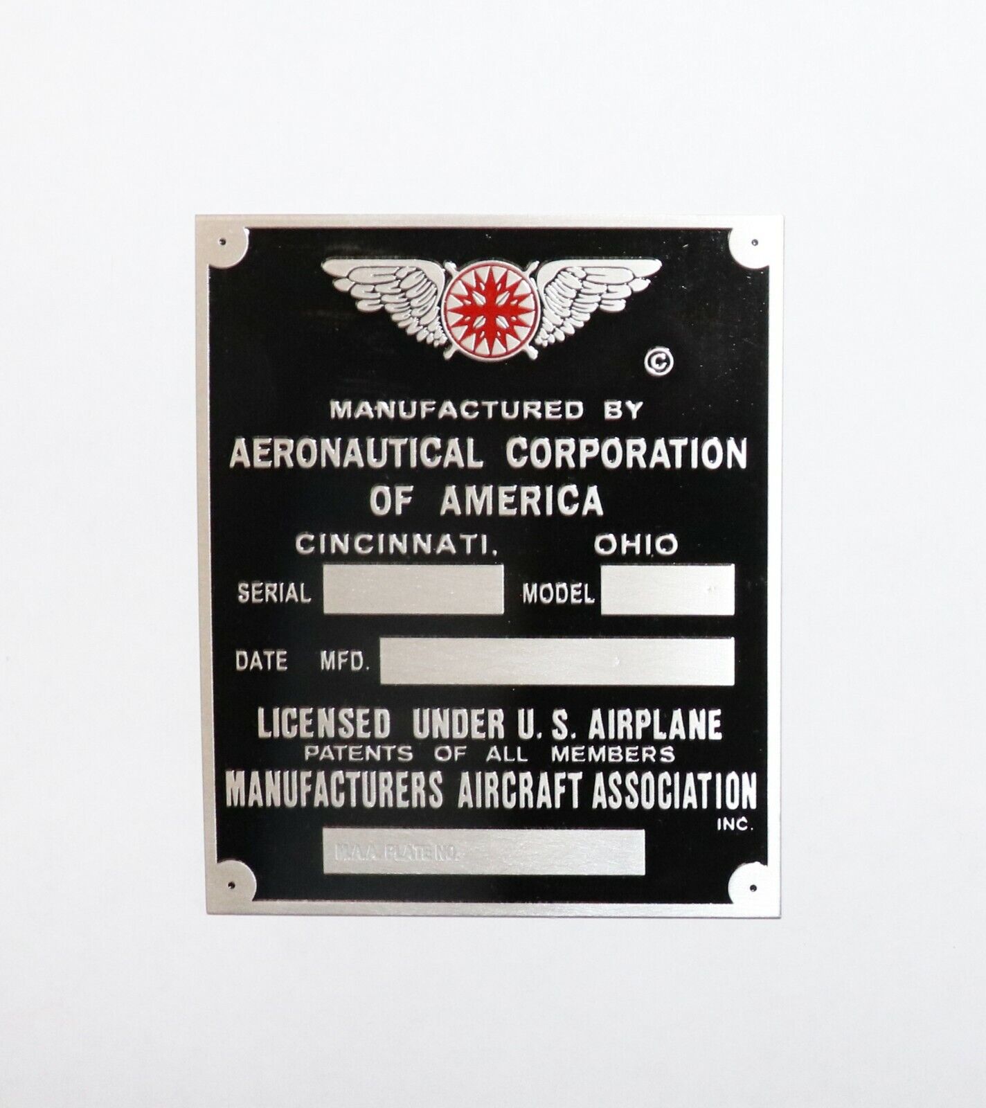 Vintage, Aeronca Data Plate, Cincinnati, Duplication of Original, Acid Etched