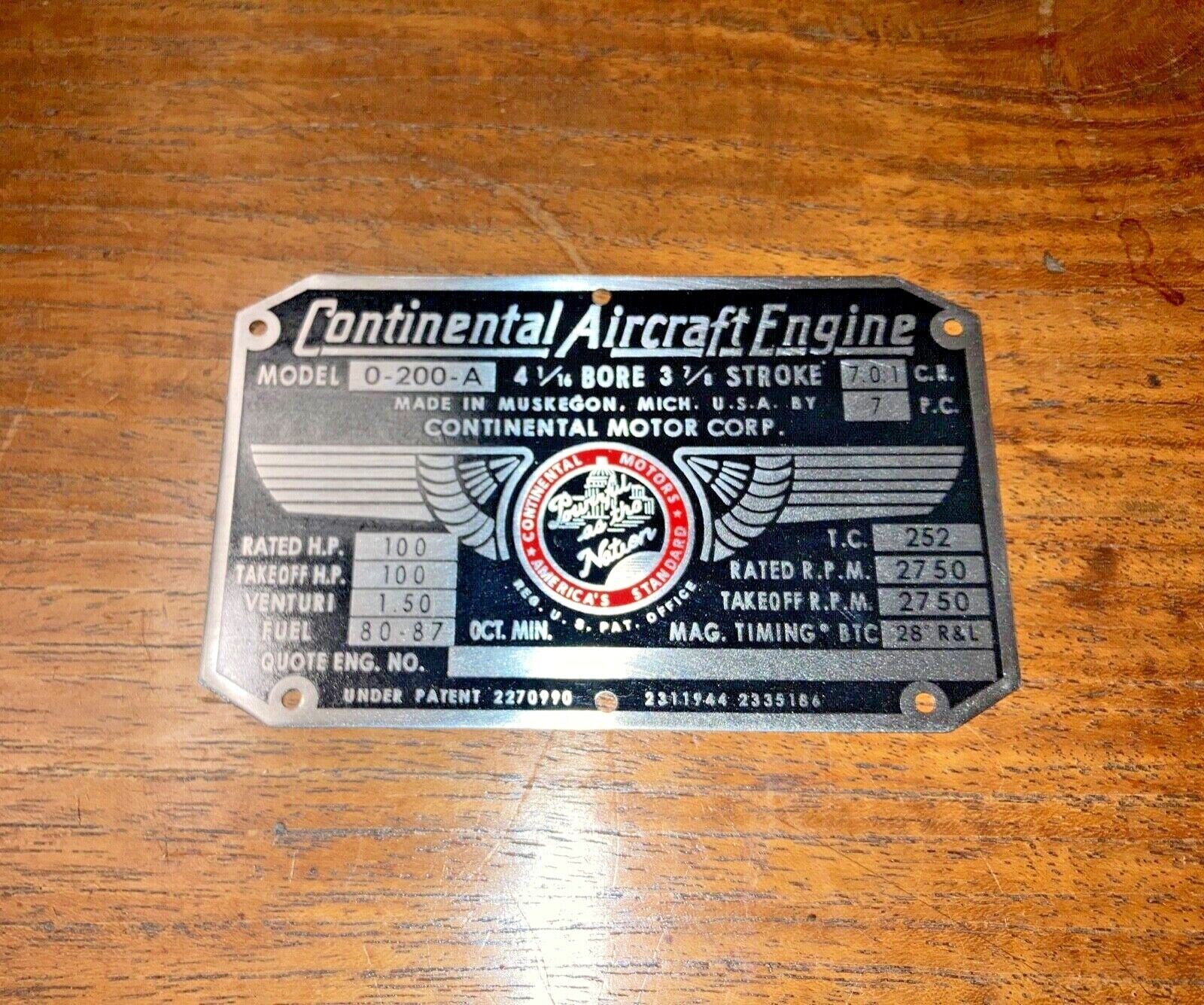 O200, Continental Motors Engine Data Plate, Nice Acid Etched