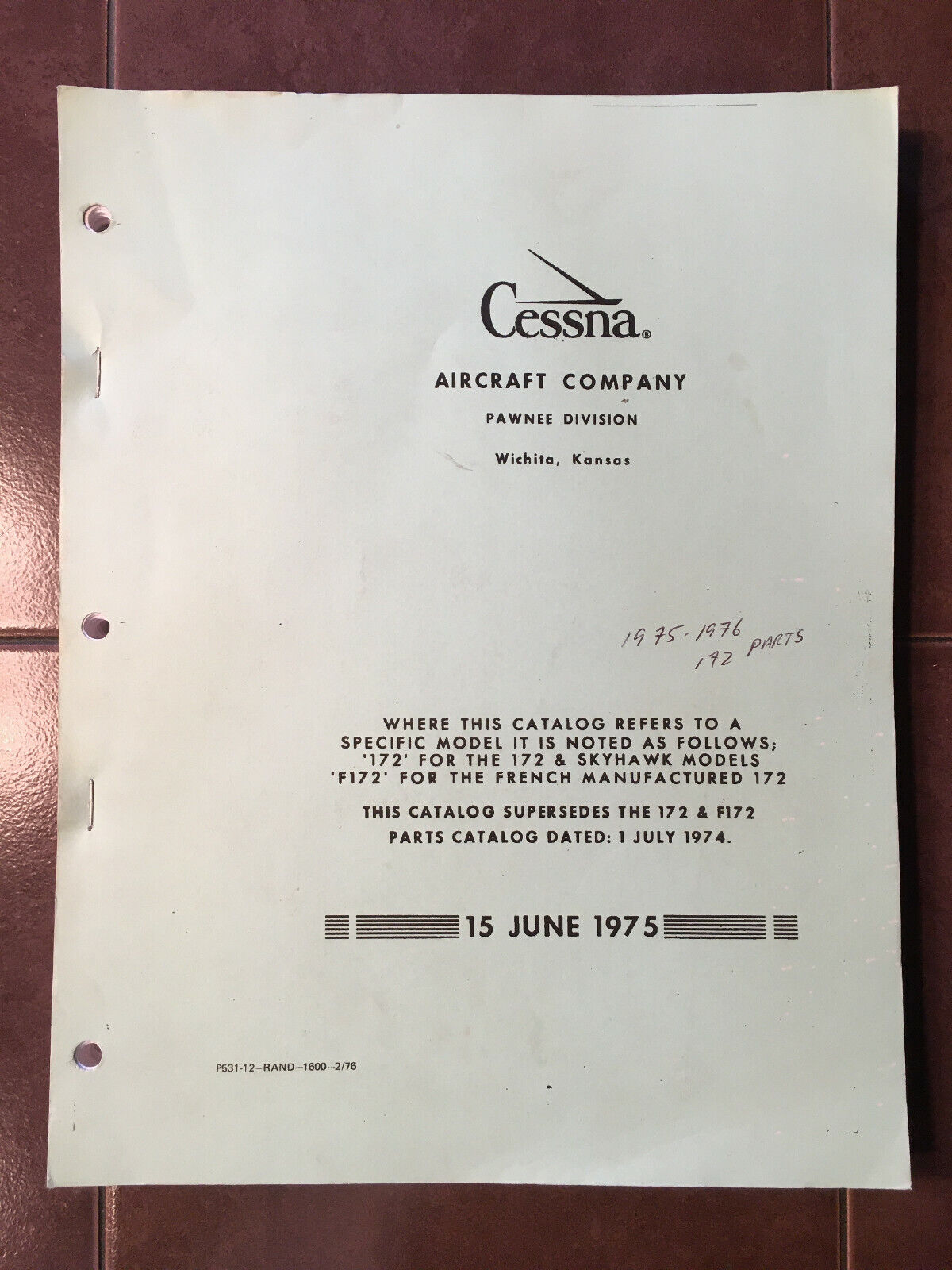 1975-1976 Cessna 172M and F172M Parts Manual