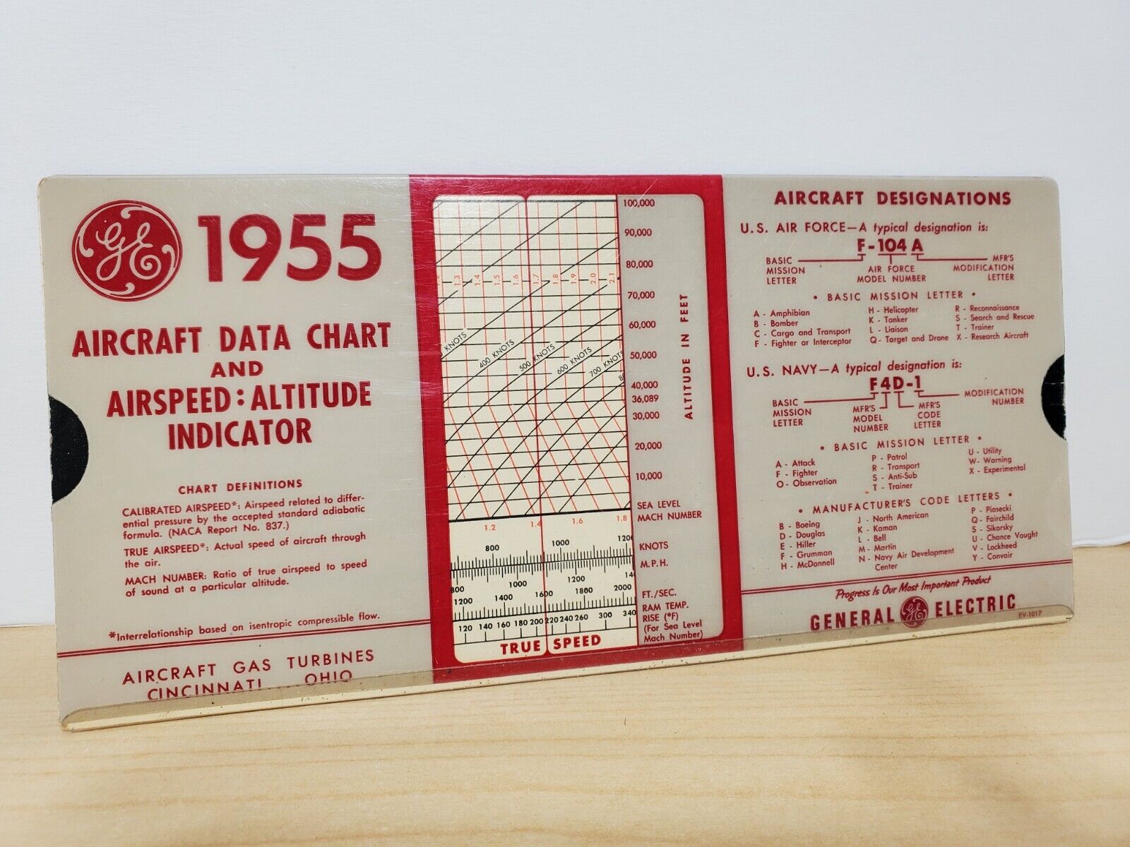 Vintage 1955 GE Aircraft Data Chart & Airspeed: Altitude Indicator