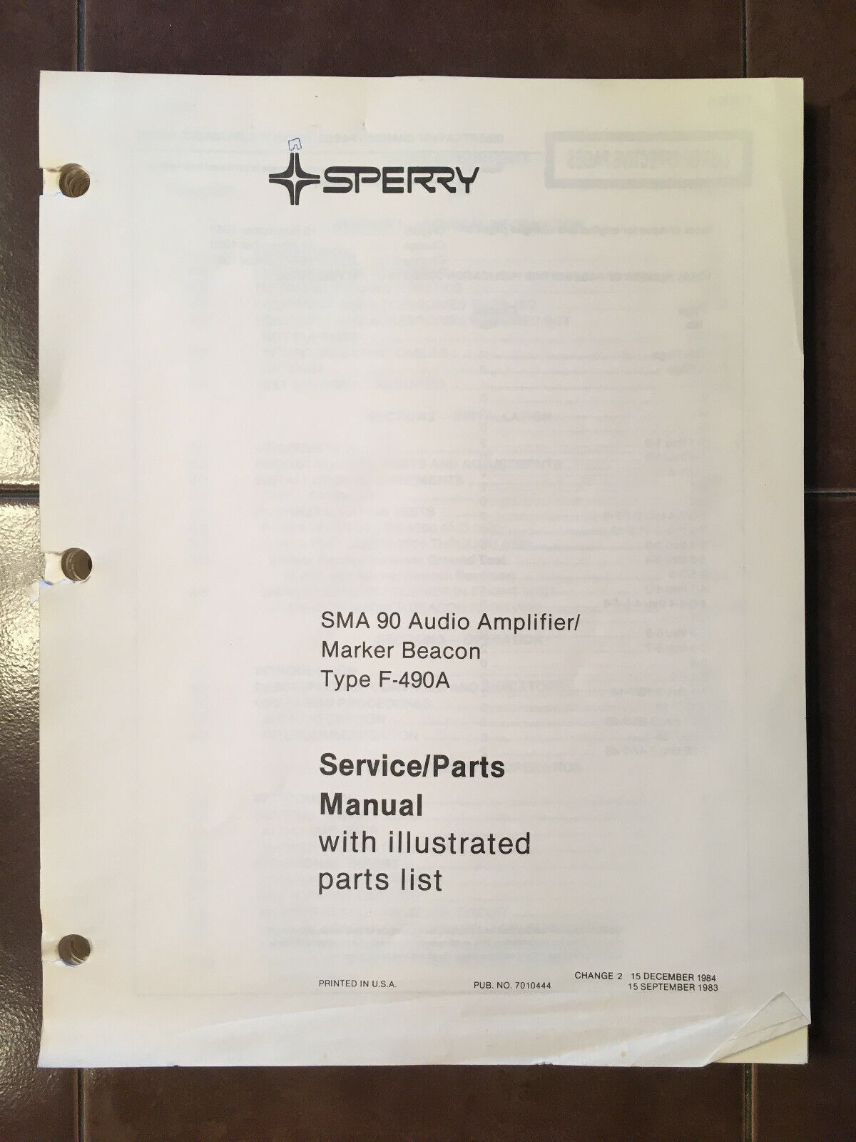 Sperry Corp. SMA-90 Audio-Marker F-490A Install, Service & Parts Manual