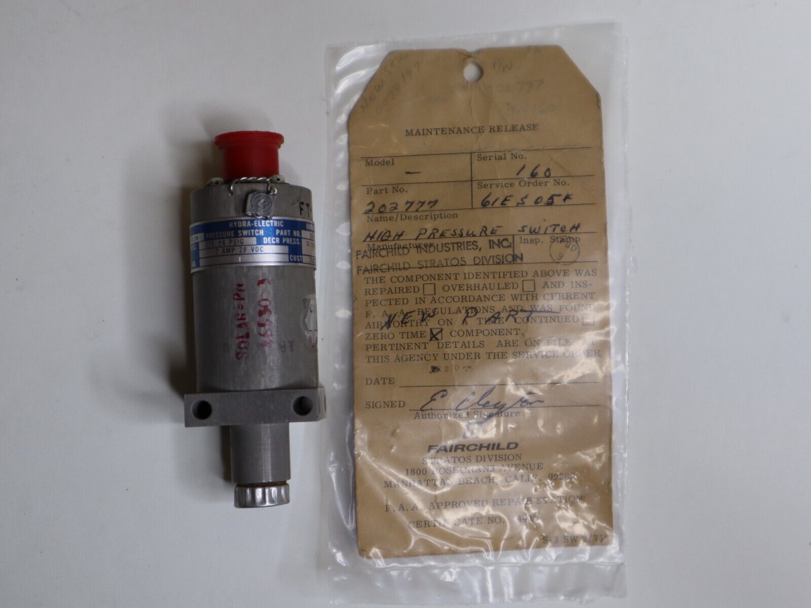 HYDRA-ELECTRIC 95108 PRESSURE SWITCH 202777 - NOS NEW SURPLUS WITH TAG